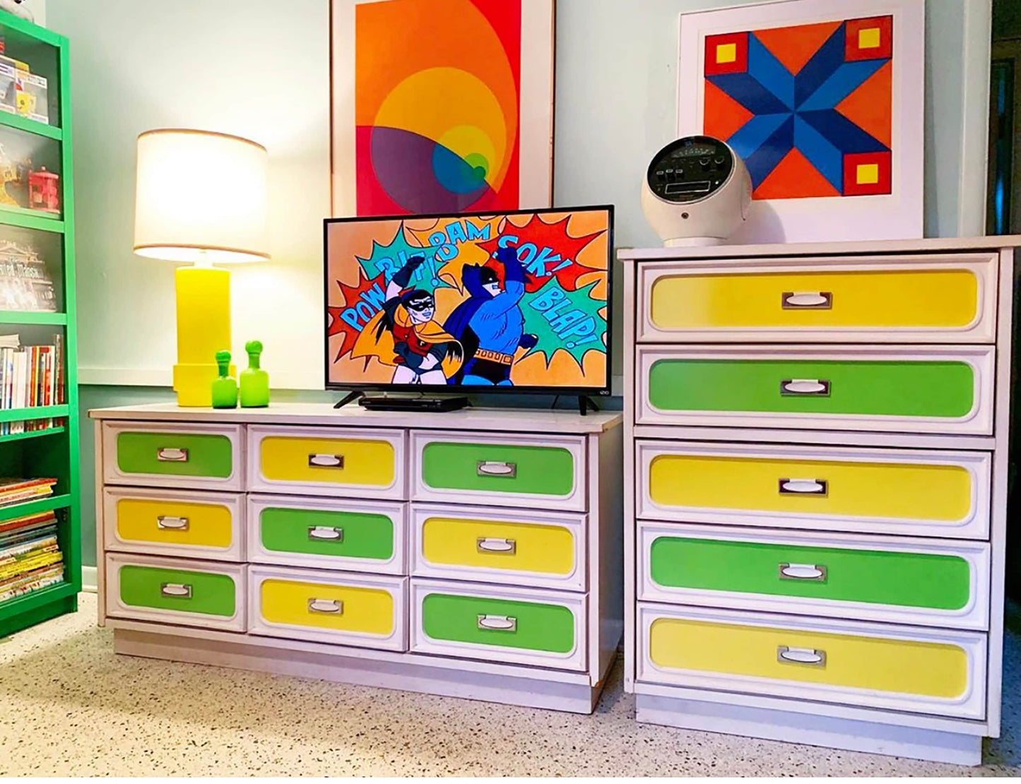 Vintage Space age Green and Yellow Dresser & Highboy Set Mid Century Modern