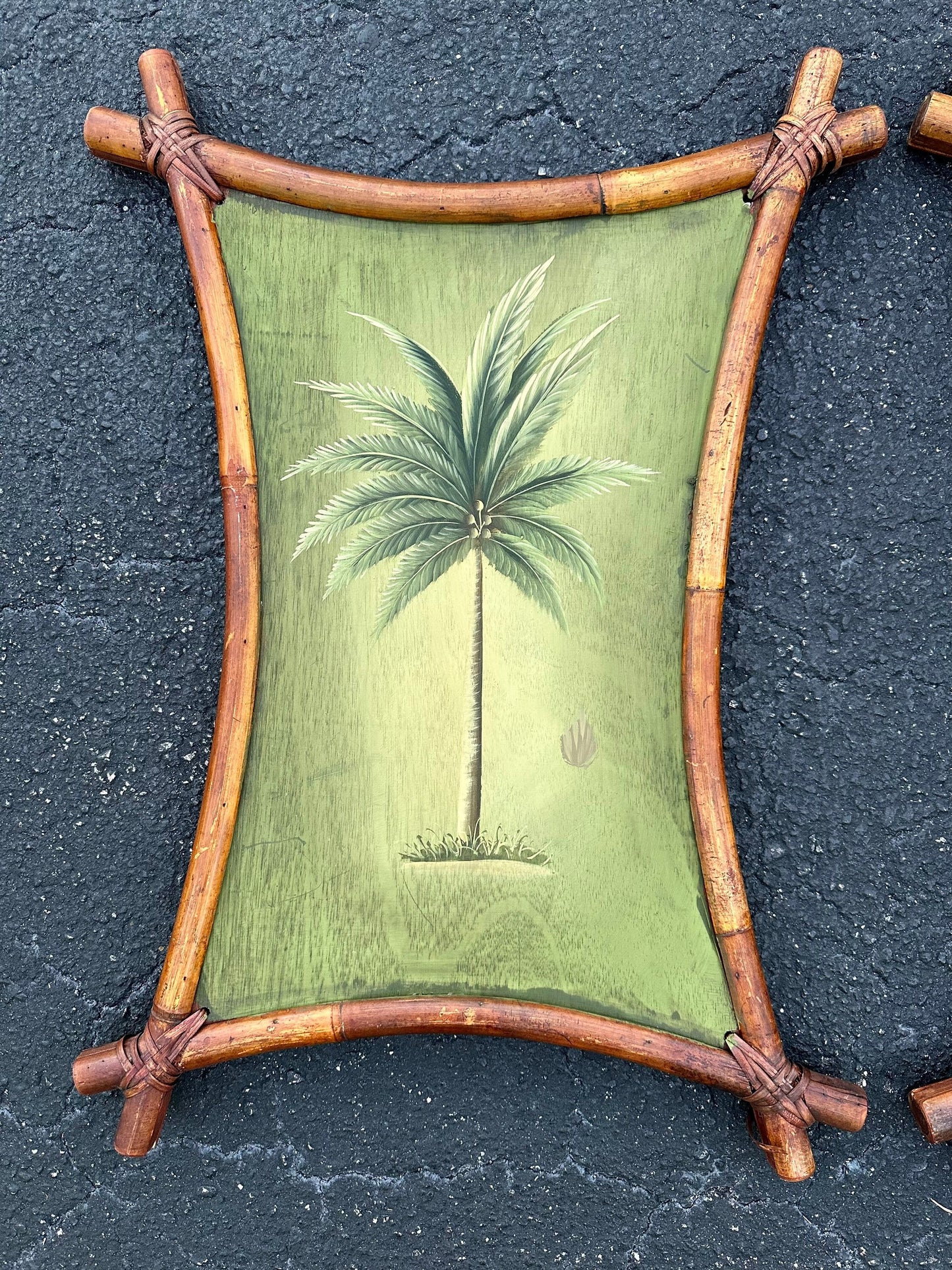 Vintage Old Florida Original Tropical Palm Tree Painting with Bamboo Frames Tiki