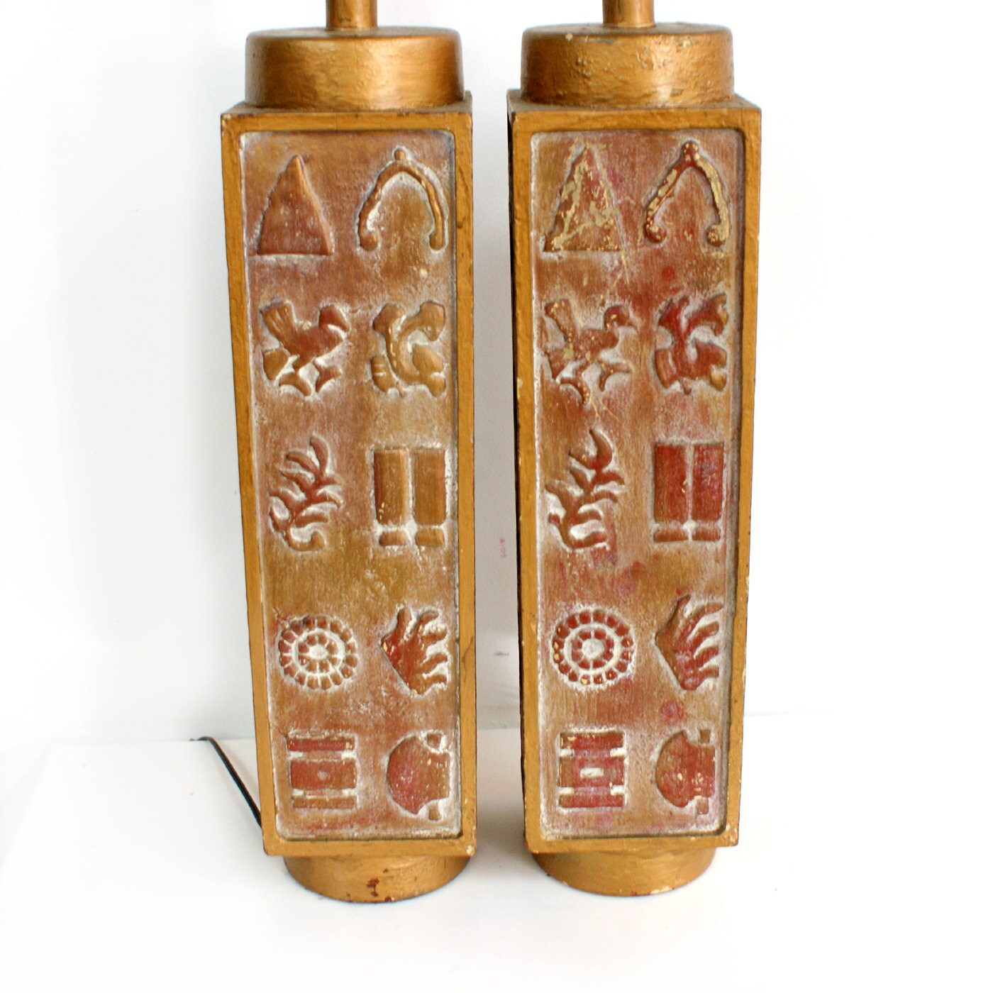 Ackerman Style Pair of Large Carved Wood Table Lamps