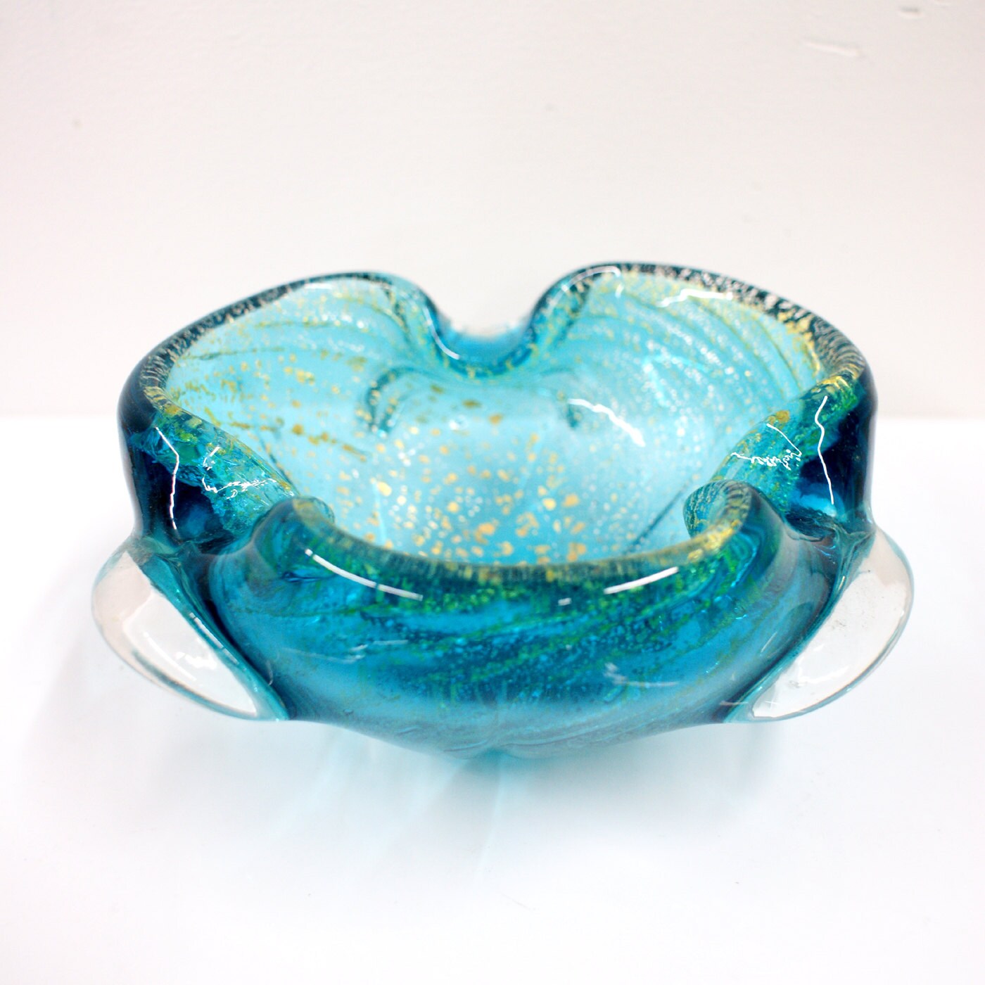 Seguso Murano Art Glass Candy Dish Blue with Gold Flecks Mid Century Modern