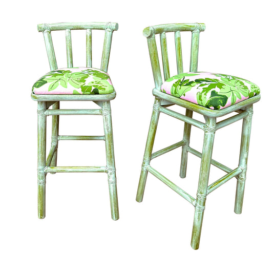 Coastal Pair of Rattan Barstools by McGuire New Upholstery
